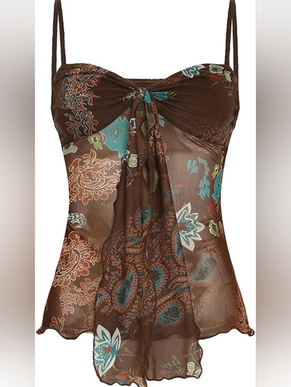 Women's Retro Printed Halter Top, Mesh Pleated Strappy Neck
